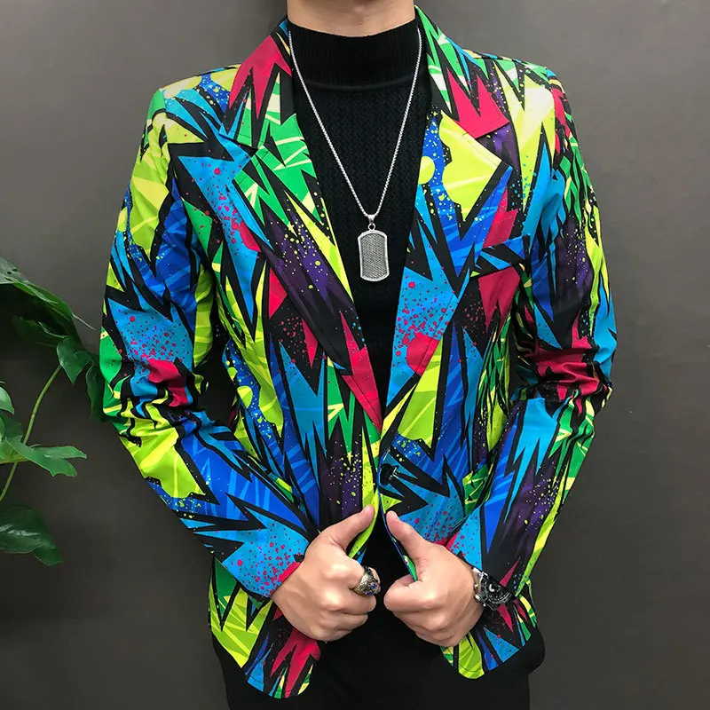 Streetwear Hip Hop Singer Dancer Coat Colorful Graffiti Contrast Color Pattern Stage Costumes Men Slim Suit Blazer Jacket