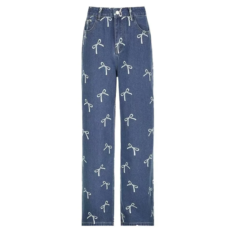 الشارع الشهير القوس المطبوعة الجينز ل Woimen خمر Y2k فضفاض الجينز فضفاض مستقيم السراويل أمريكا نمط الدنين السراويل النساء Y2k الملابس