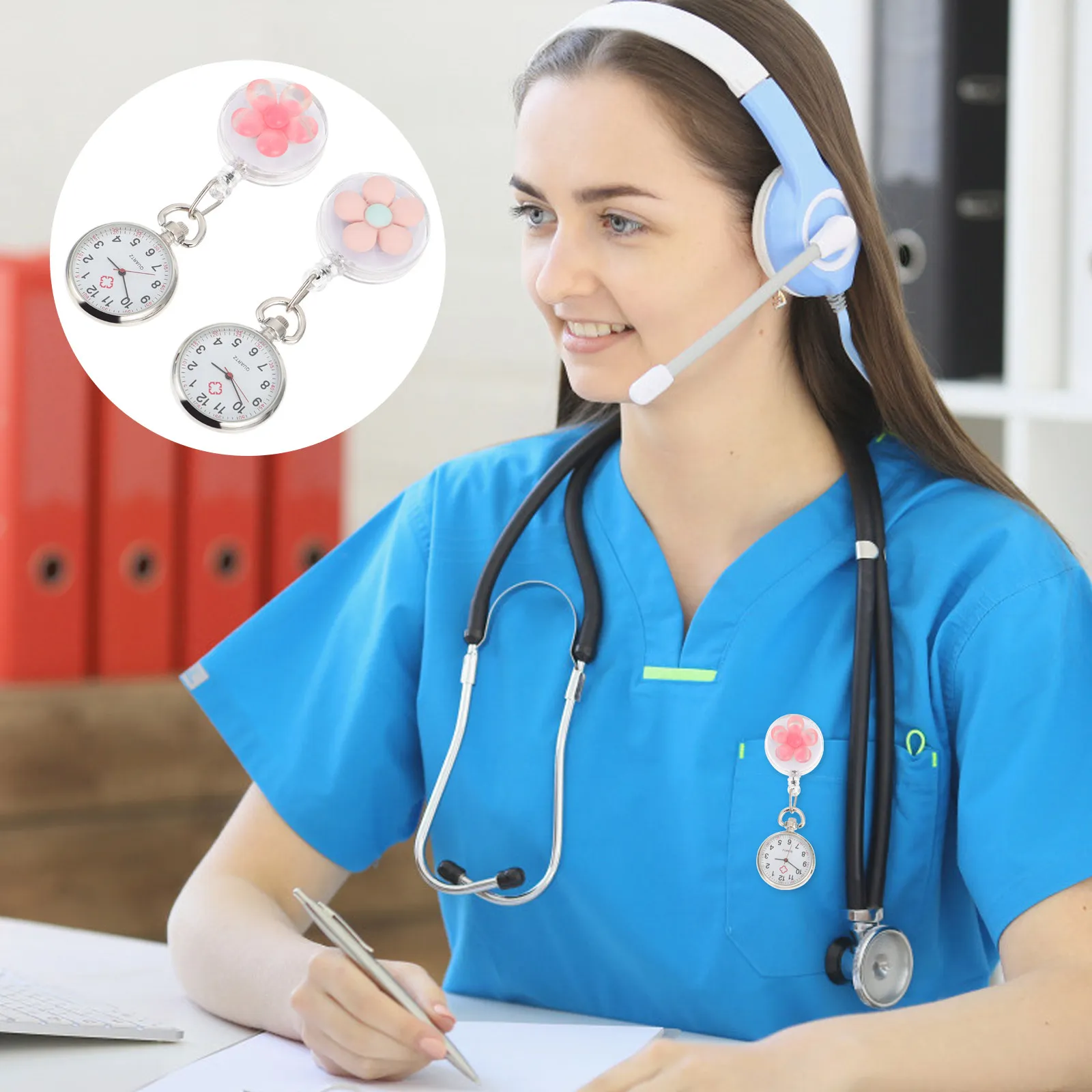 

2Pcs Flower Pocket Watches Retractable Clip-on Nurse Hanging Watch Quartz Movement Portable Nurse Watch for Doctors