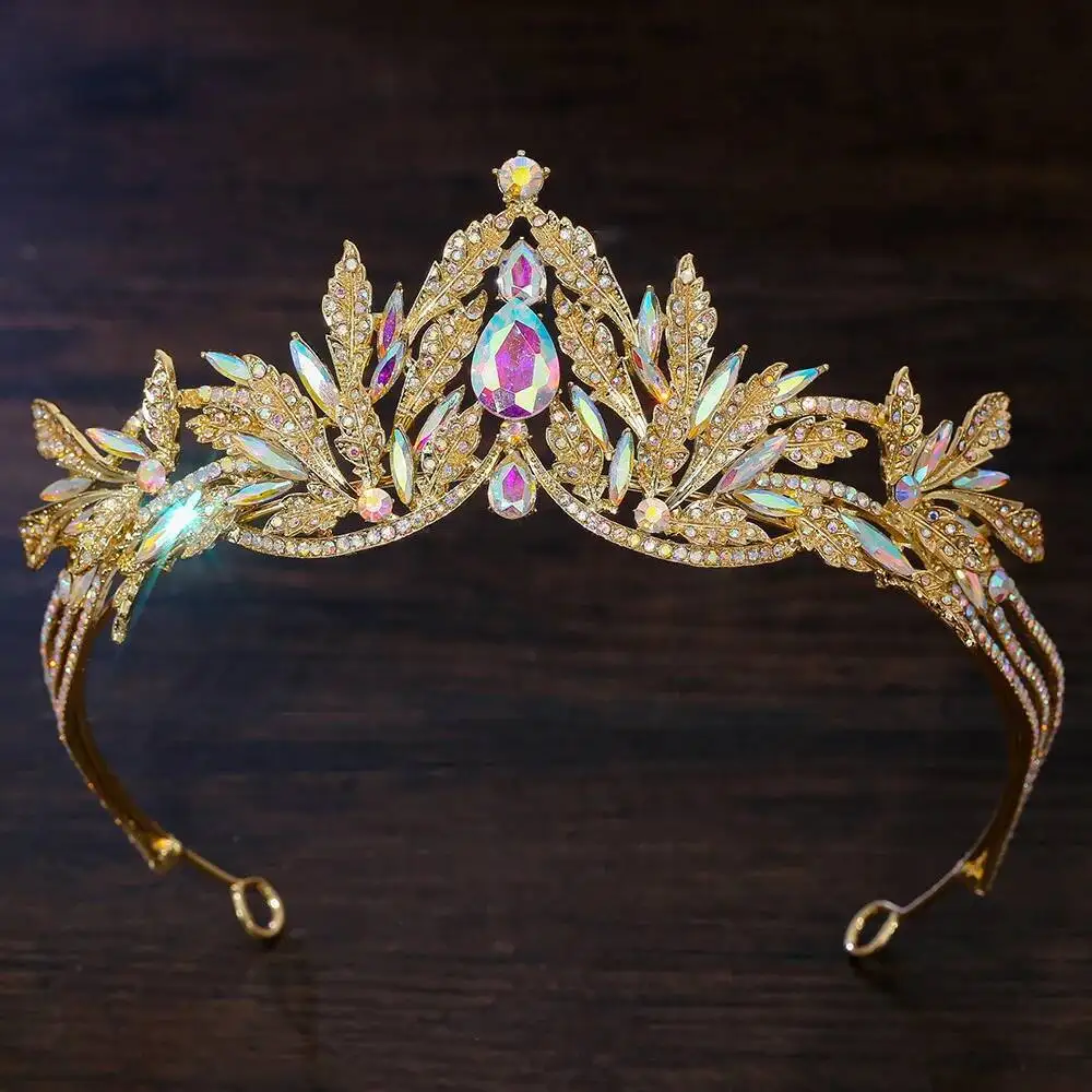 Leaves Floral AB Color Crystal Crown Women Rhinestone Princess Pageant Diadem Girls Wedding Hair Accessories Tiaras Jewelry