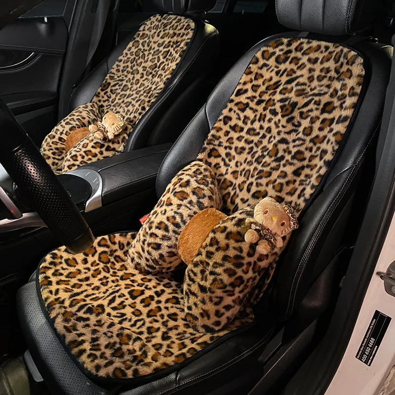 Car Seat Cushion Winter Plush Leopard Print Seat Cushion Female Cute Cat Headrest Waist Pillow