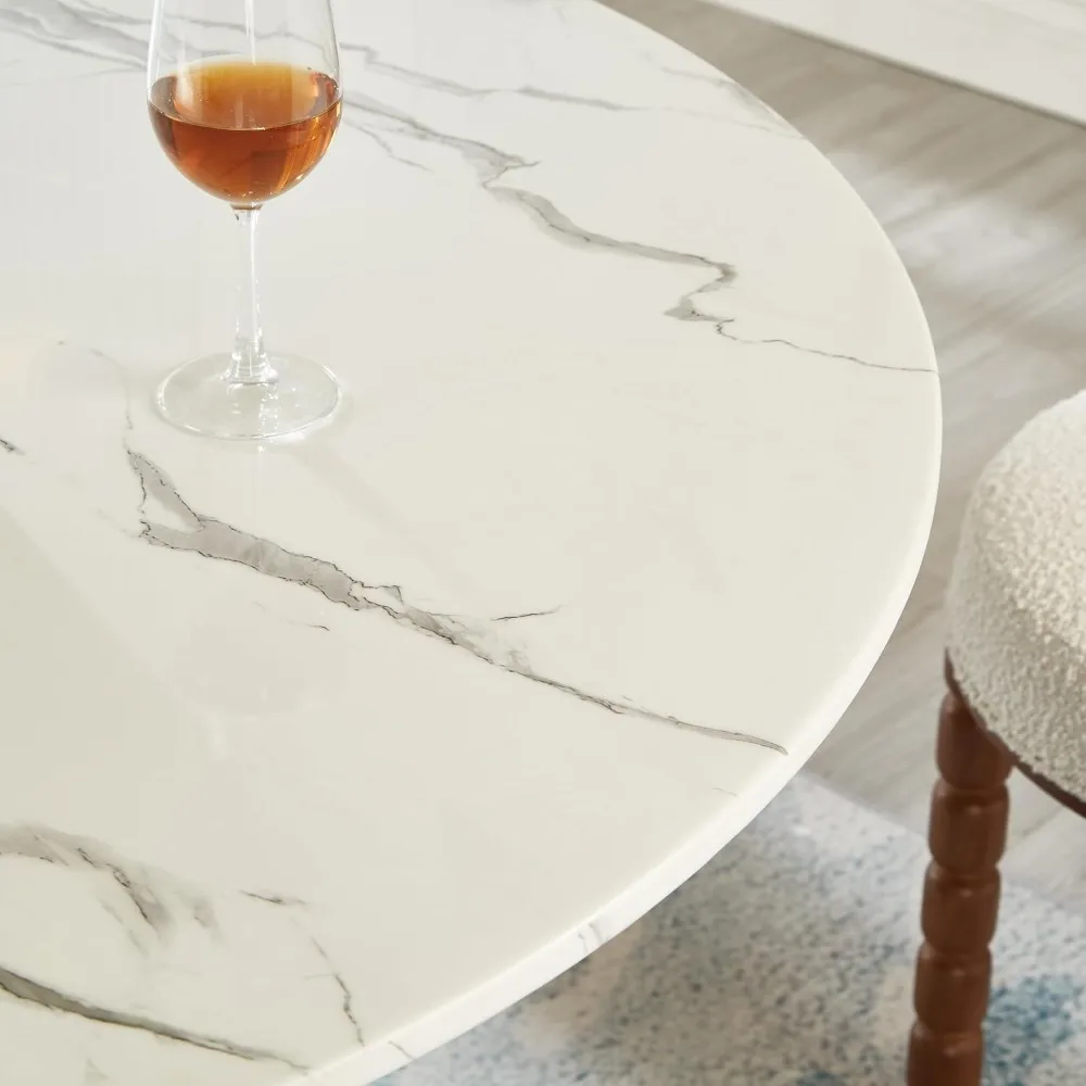 طاولة طعام مستديرة مقاس 48 بوصة لـ 4-6، طاولة مطبخ خشبية حديثة مع سطح رخامي مستدير وقاعدة على شكل برميل يدوية لغرفة الطعام