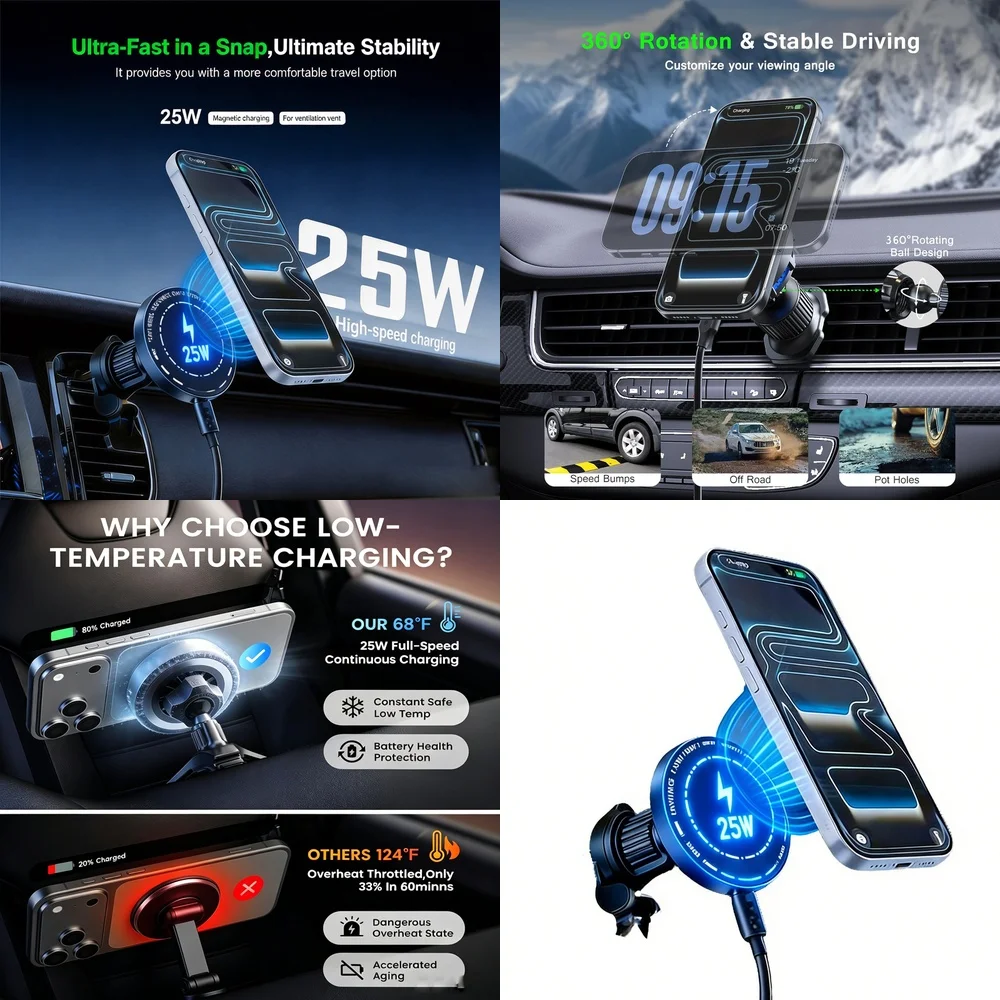 25W Magnetic Wireless Car Charger Fast Charging For iPhone 17 16 15 Pro Max Air Vent Mount Magnetic Phone Holder Charging Statio