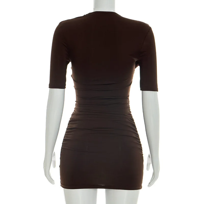 Elegantes Gerafftes Minikleid Damenmode Einfarbiges Vintage Braunes Bodycon Sexy Kleid Sommer Hochgeschnittenes Party Y2k Damenkleid – Detail 11