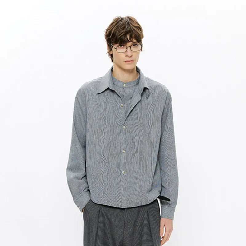 WVGA Spring Autumn New Men's Linen Stand Collar Faux Two-Piece Trendy Long Sleeved Shirt Niche Chic Casual Plaid Tops Ins W26471
