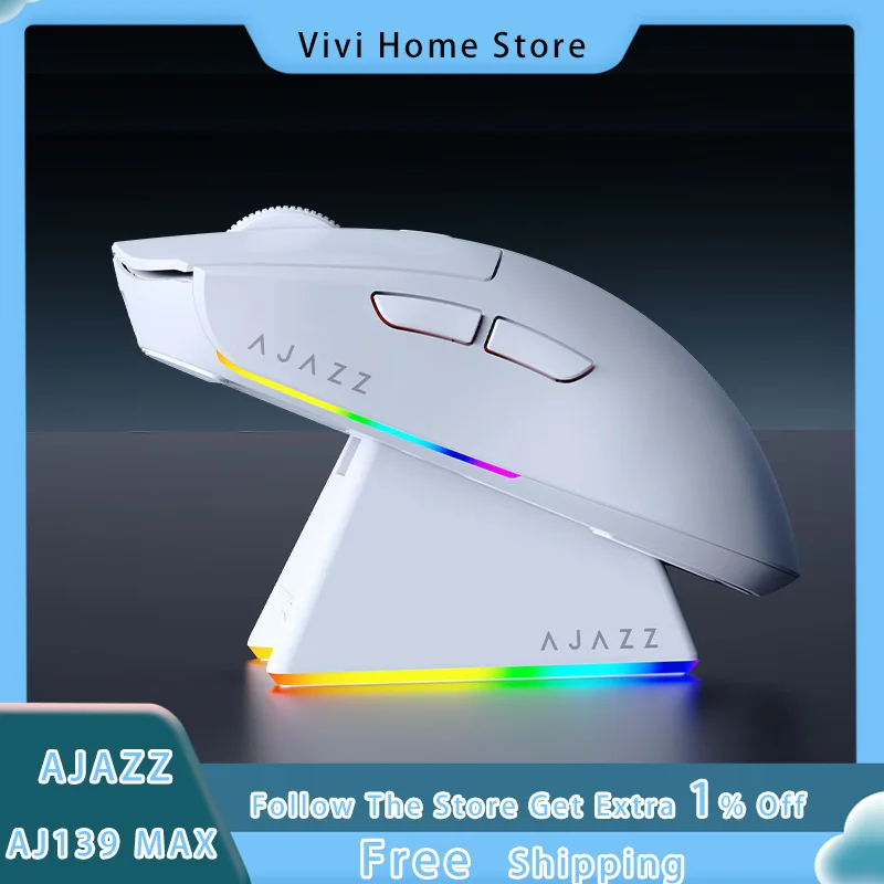 

Ajazz Aj139 MAX Wireless Mouse with Charging Base Paw3395 Sensor Three Mode Professional Game Mouse Computer Accessories Gift