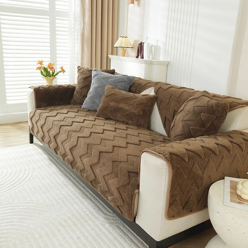 Sofa Seat Slipcovers Solid Color Plush Jacquard Housse Canape Dangle Sofa Protector Home Decor Fleece Sofa Cover for Winter Warm