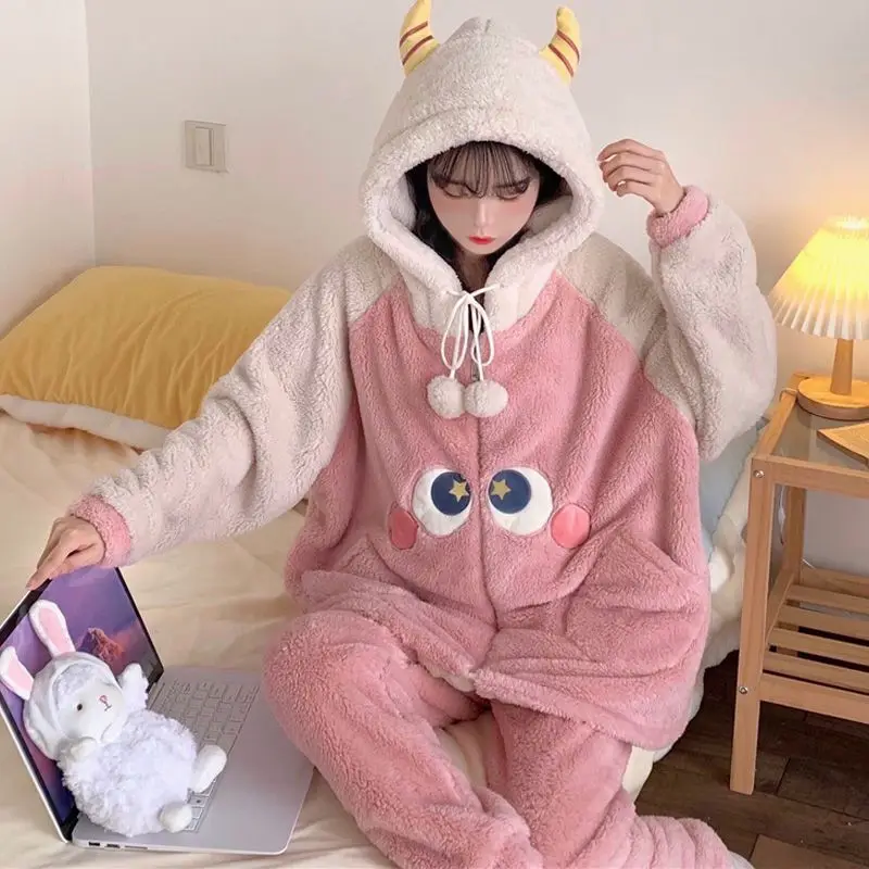 

2024 New Design Cute Little Monster Pajamas Women Sleepwear Plush Autumn Winter Home Clothes Thick Coral Wool Ladies Loungewear