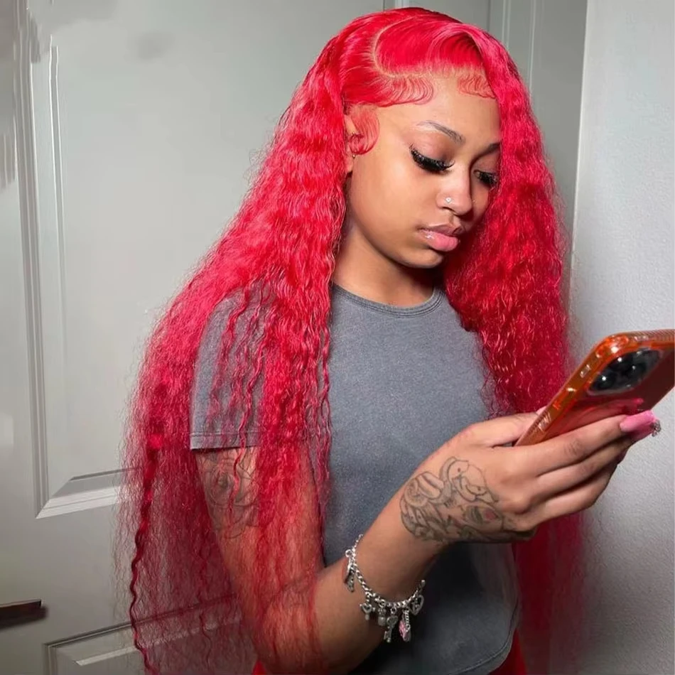 

Red Color Water Wave Lace Front Human Hair Curly Full Lace Front Human Hair 210% Brazilian Wigs Water Wave 13x6 Lace Frontal Wig