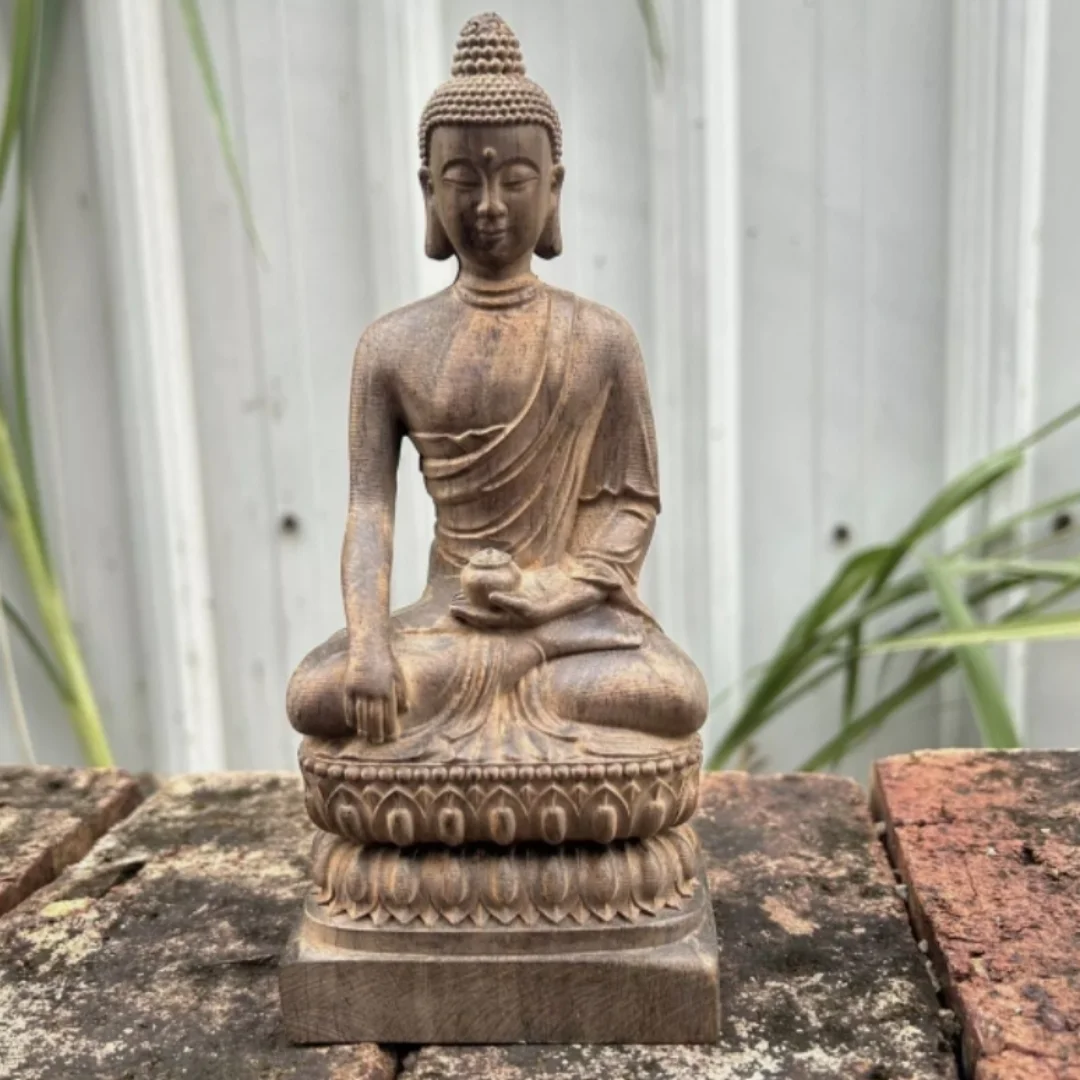 Natural wood Carving Medicine Buddha Statue Home Fengshui Lucky Ornament