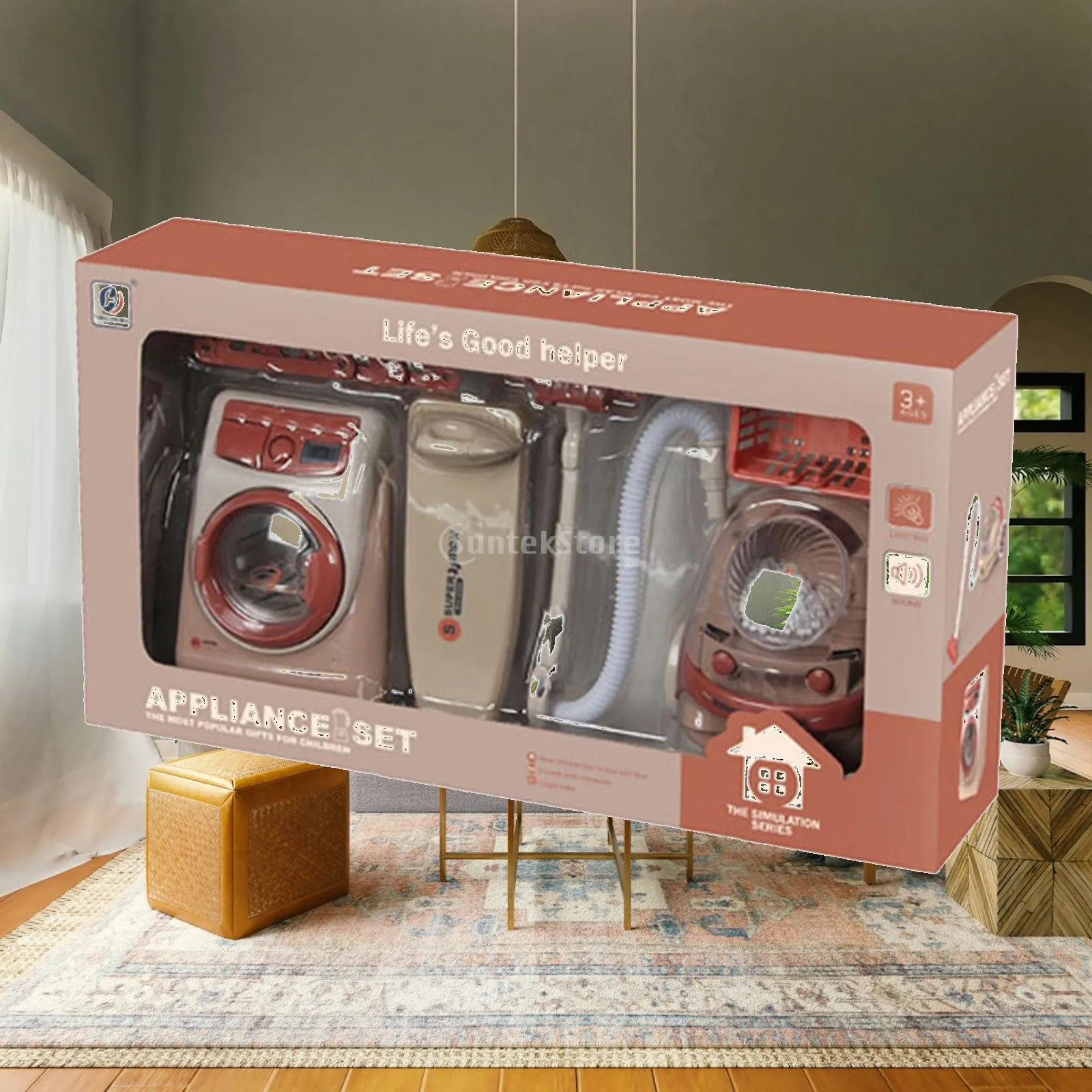 Kids Play Kitchen Accessories Toys Set with Realistic Sounds and Lights Pretend Coffee Maker Juicer Toaster Washing Machine for