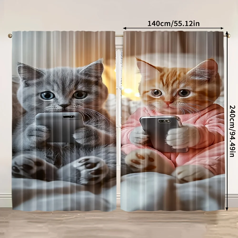 2pcs Funny Cat with Phone Print Curtains 3D Kitten Pattern Modern Style Polyester Window Drapes for Bedroom Living Room