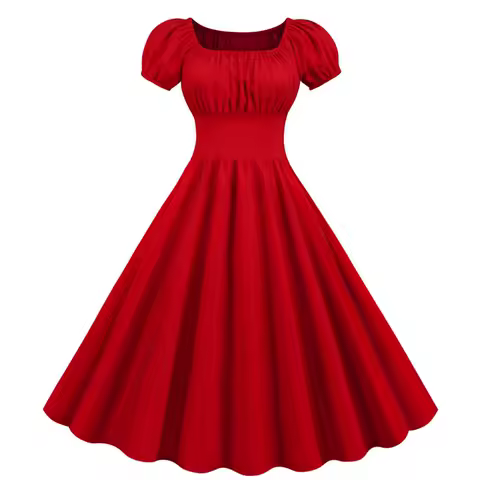 Red Square Neck Summer Dress Women V Neck Big Swing Vintage Dress Robe Femme Elegant Retro Pin up Party Evening Midi Dresses