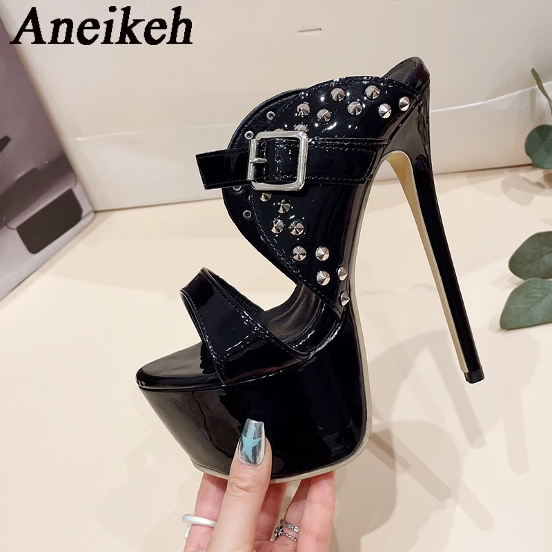 Aneikeh Sexy Fashion 16CM High Heeled Thick Platform Mules Sandal Rivet Buckle Strap Cross Dressing Party Shoes Black