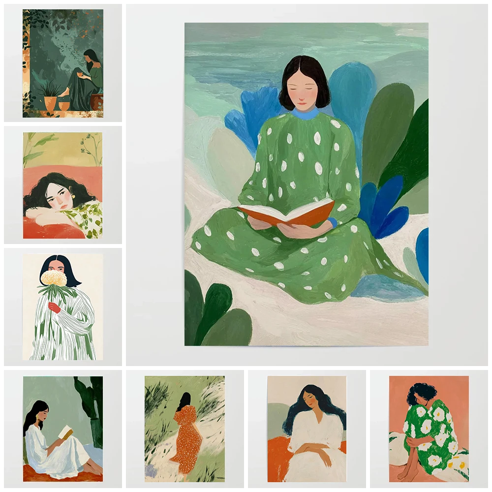 Böhmische grüne Pflanzen und elegante Frauen-Kunstposter für Zuhause, Komfort und Freizeit, Leinwanddruck, Wohnzimmer, Schlafzimmer, Wanddekoration