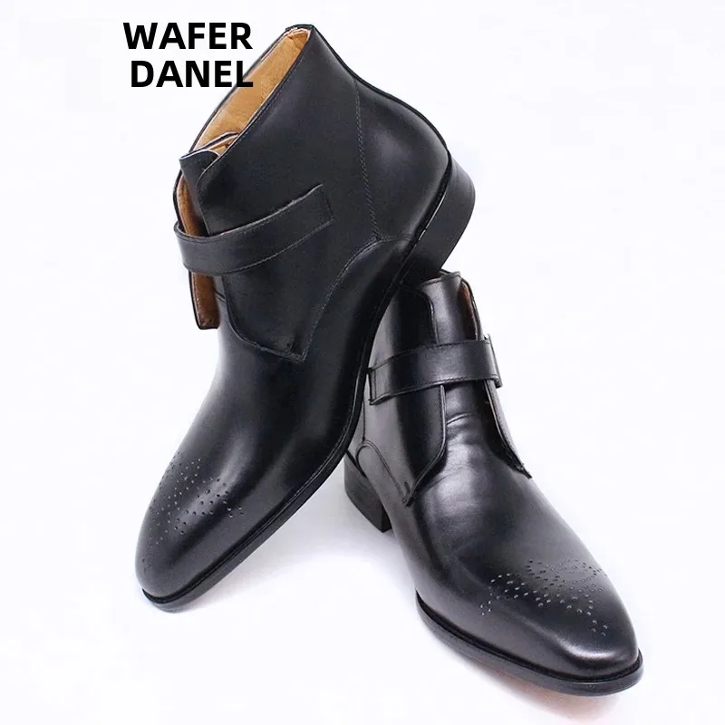 Luxury Men\'s Genuine Leather Ankle Boots Black/Blue Pointed Toe Slip-On Dress Shoes with Buckle Strap Casual Basic Style