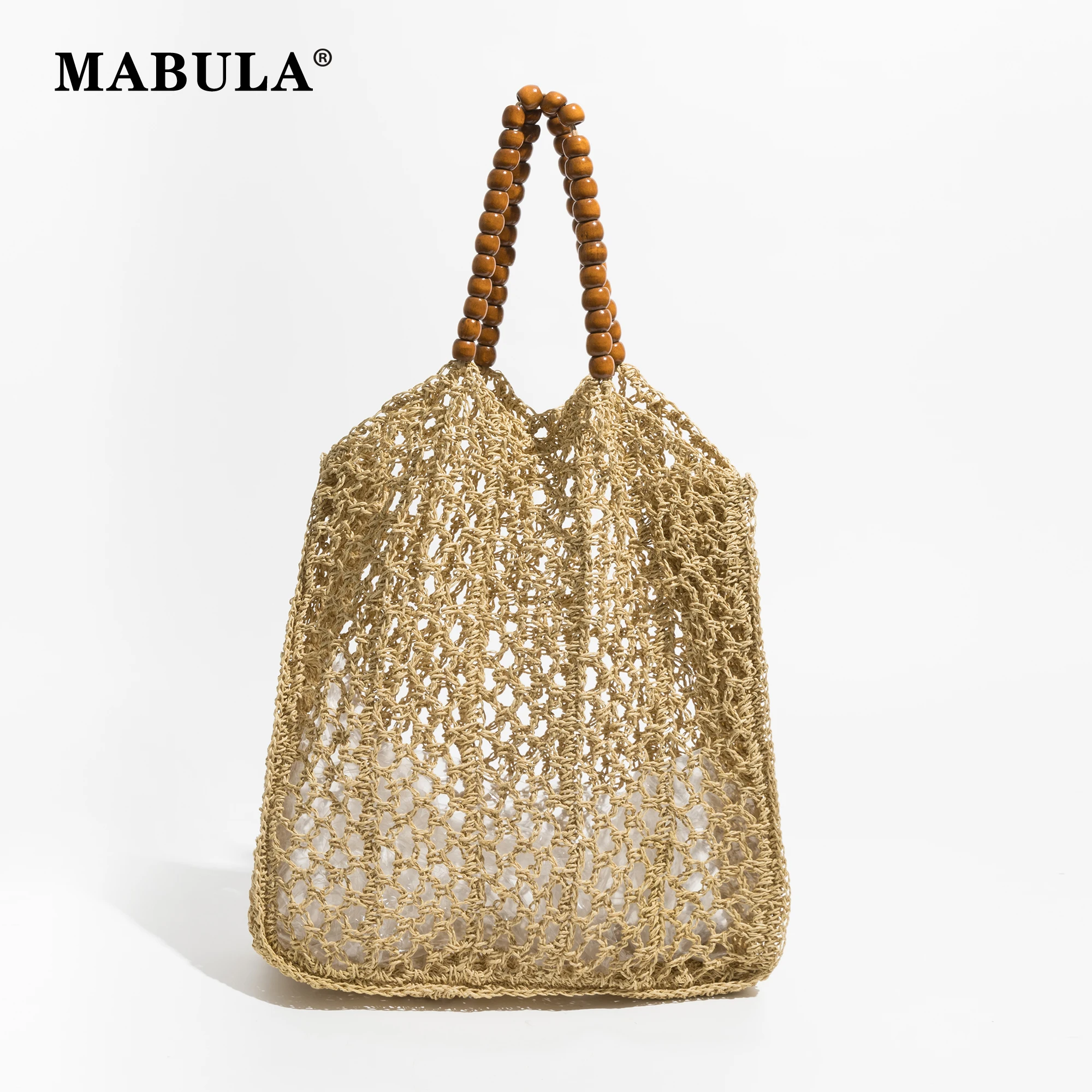 

MABULA Beading Handle Straw Mesh Beach Tote Bag Hollow Out Fishing Net Square Shoulder Purse Large Brand Summer Shopper Daypack