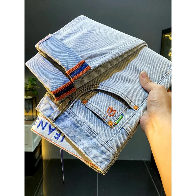 Summer Thin Cool Pants For Men'S American Casual Slim Fit Straight Tube Light Blue Washed Cotton Versatile Denim