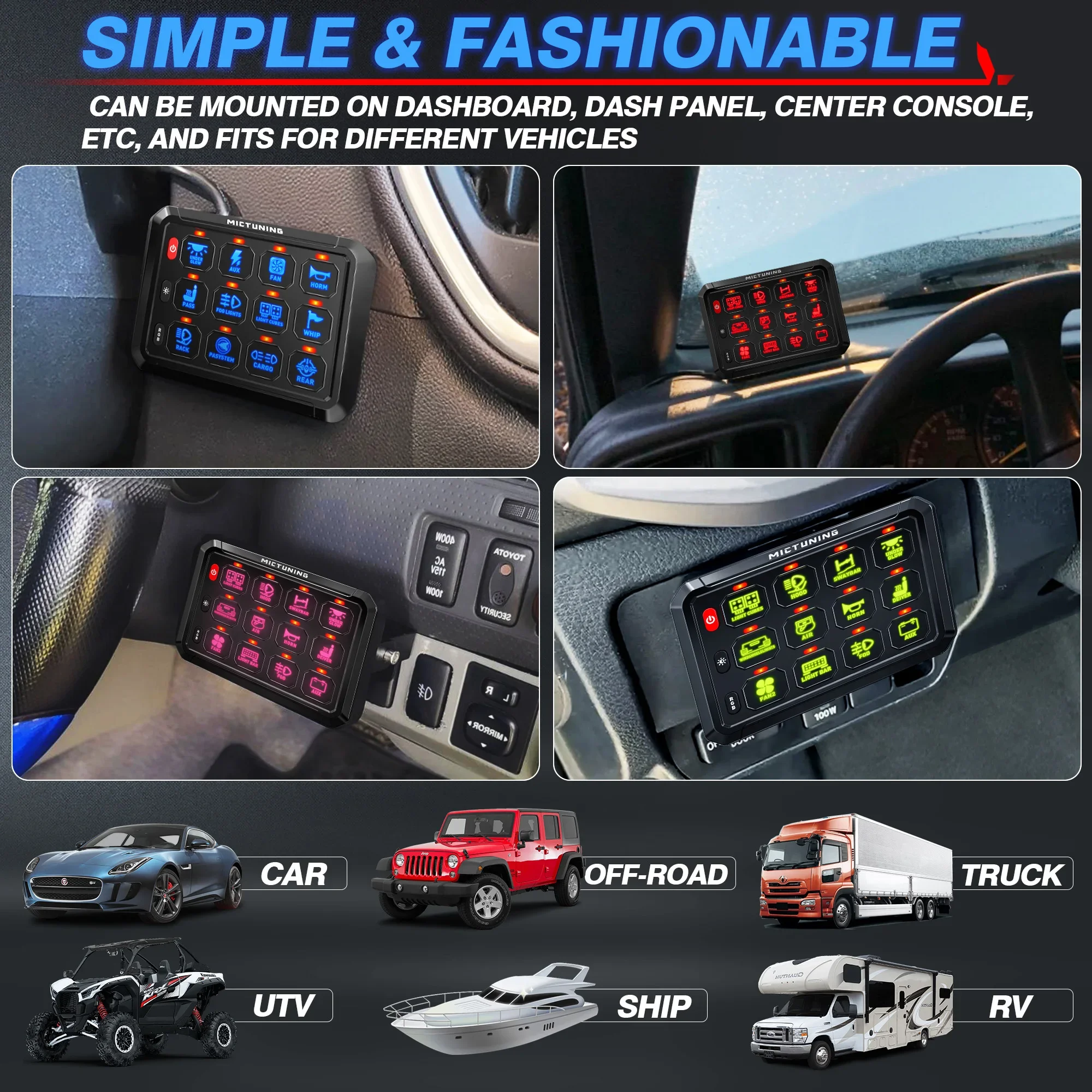 MICTUNING 12V/24V RGB LED Switch Panel 12 Gang Rocker Switches with Relay Control for Truck, Boat & Automotive Switch Controller