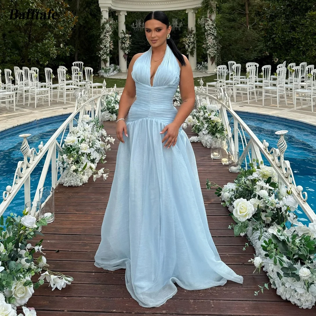 

Bafftafe Sky Blue Customized Women's Prom Party Dresses Halter Saudi Arabic Evening Dress Pleated Formal Wedding Bridesmaid Gown