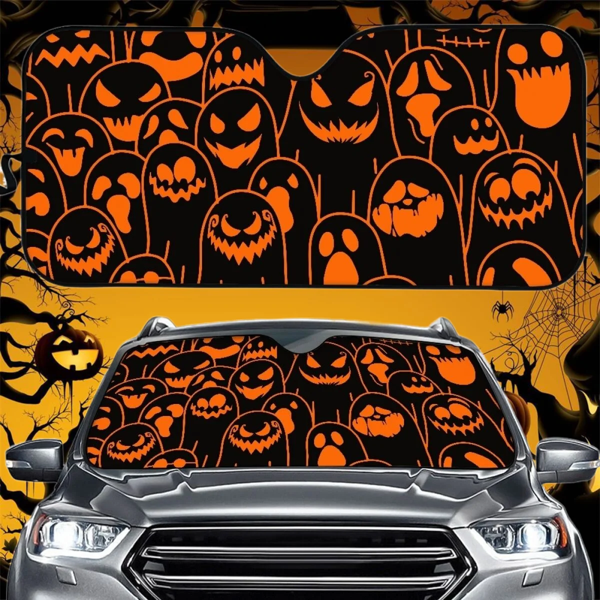 Car Interior Accessories Halloween Decoration Car Sun Visor Ghost/Skull/Pumpkin/Spider Web Pattern for Men Women Auto Sun Shades