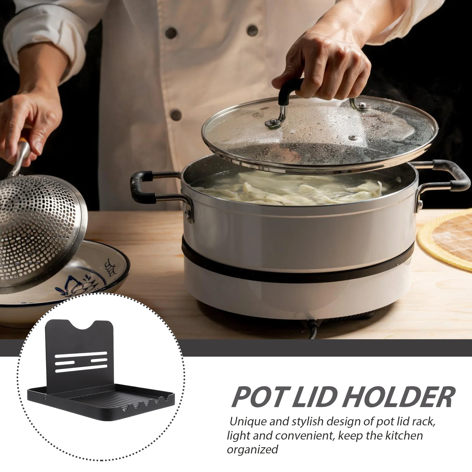 

Pot Lid Organizer Space Aluminum Kitchen Pan Cover Stand Spoon Holder Pot Lid Storage Rack Useful Kitchen Gadgets