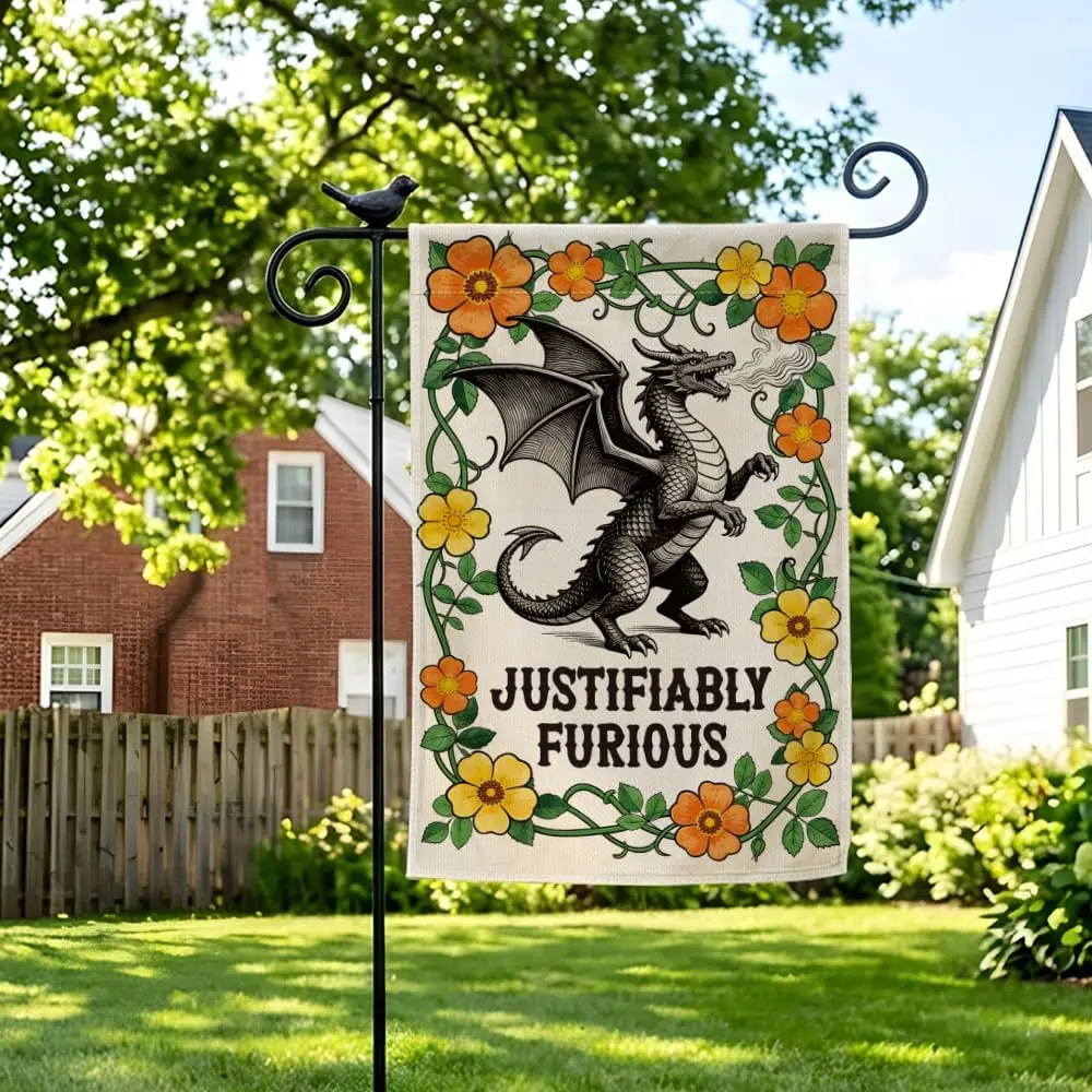 Justifiably Furious Garden Flag, Vintage Dragon Flag for Outside Lawn Porch, Floral Anti-Patriarchy Women Rights Yard Sign,  cci