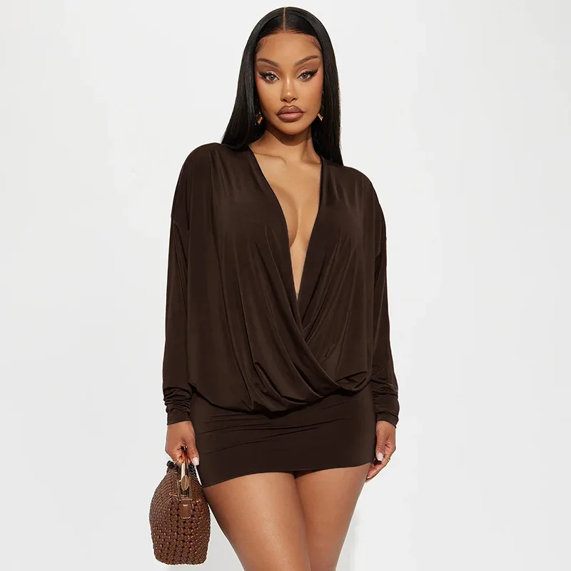 

STYLISH LADY Elegant Dress 2025 Autumn Women Batwing Sleeve Deep V Neck Elastic Waist Sexy Club Party Mini Vestidos De Festa