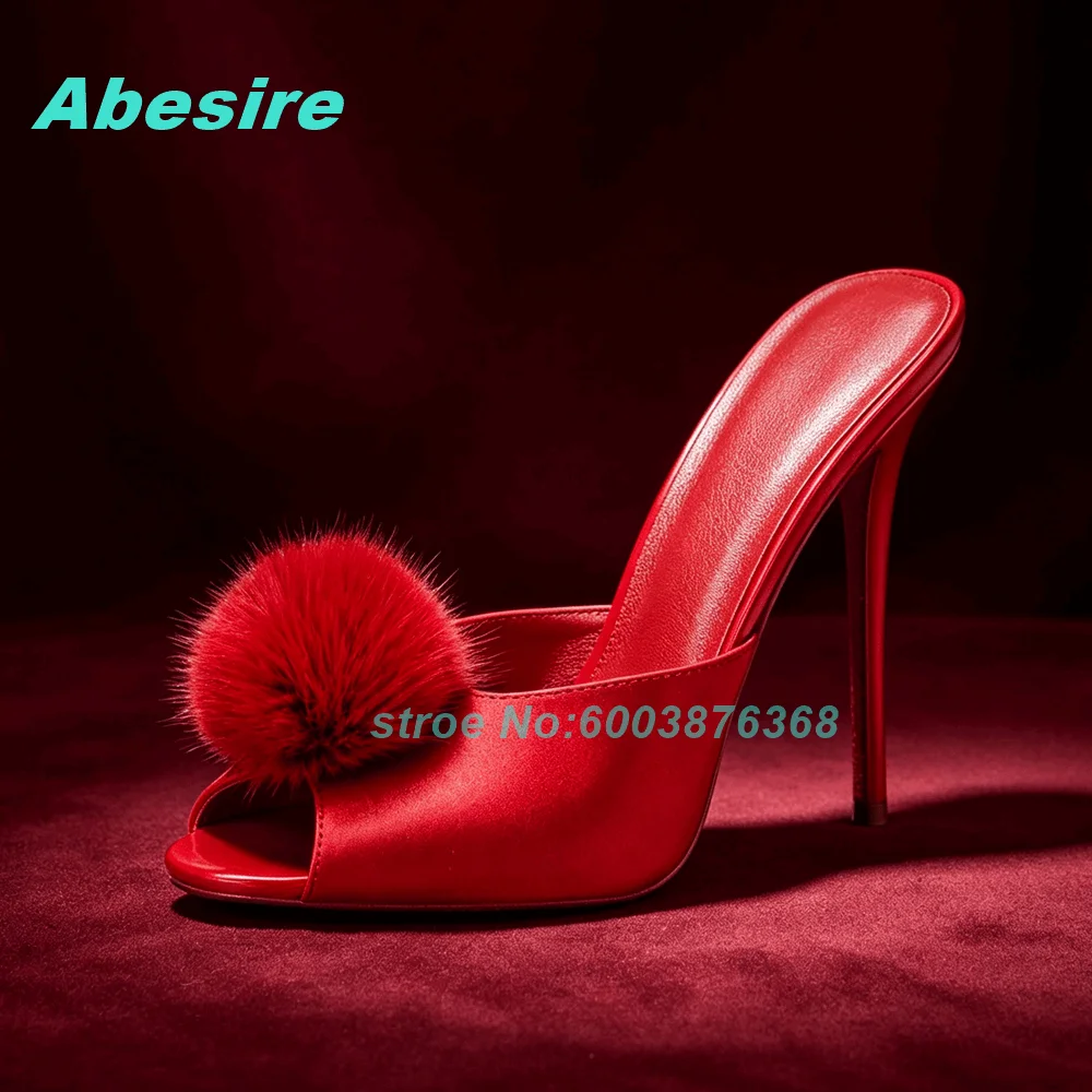 Red Satin Stiletto‑Heel Mule Slippers Cute Fur‑Ball Decor Backless Slip‑On Women's Slippers Sweet Party Winter Fashion Shoes