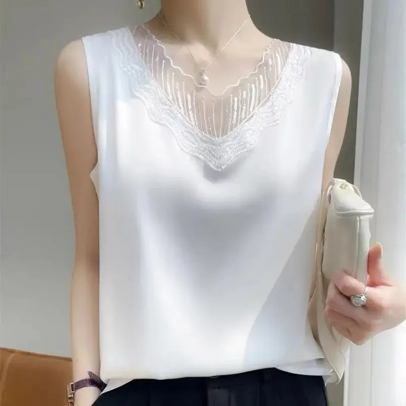 NEW V-Neck Lace Camisole Women\'s Interior Design Sense Temperament Acetic Acid Satin T-Shirt Sleeveless Bottoming Shirt Top