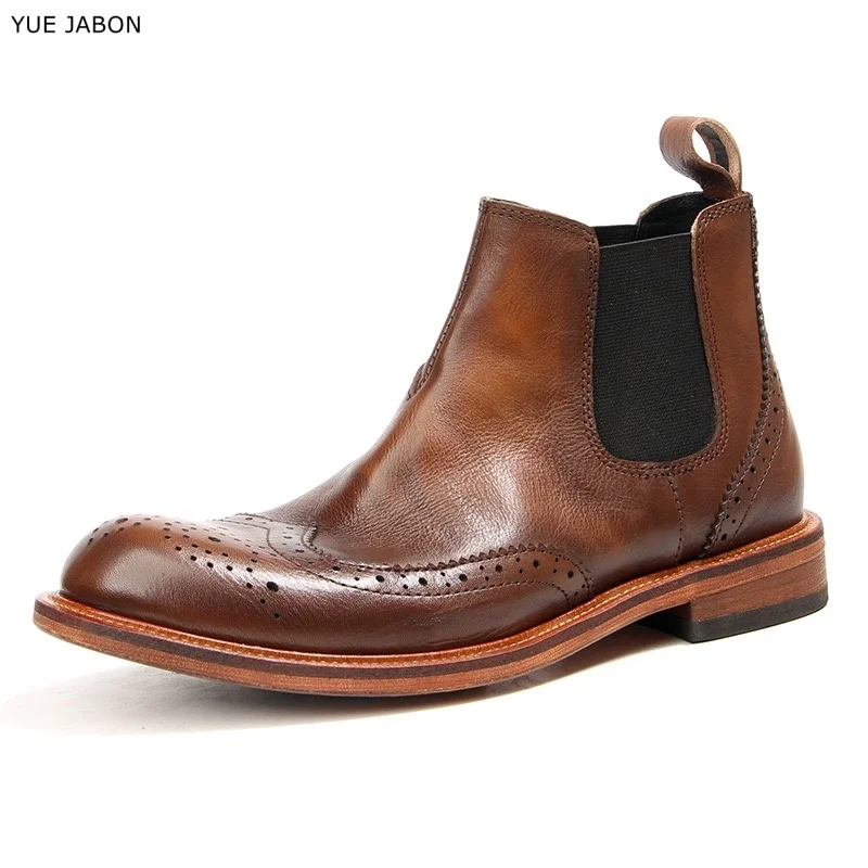 Carved High Top Chelsea Boots British Style Genuine Leather Business Casual Leather Shoes Trendy Elastic Band Brogue Men's Boots