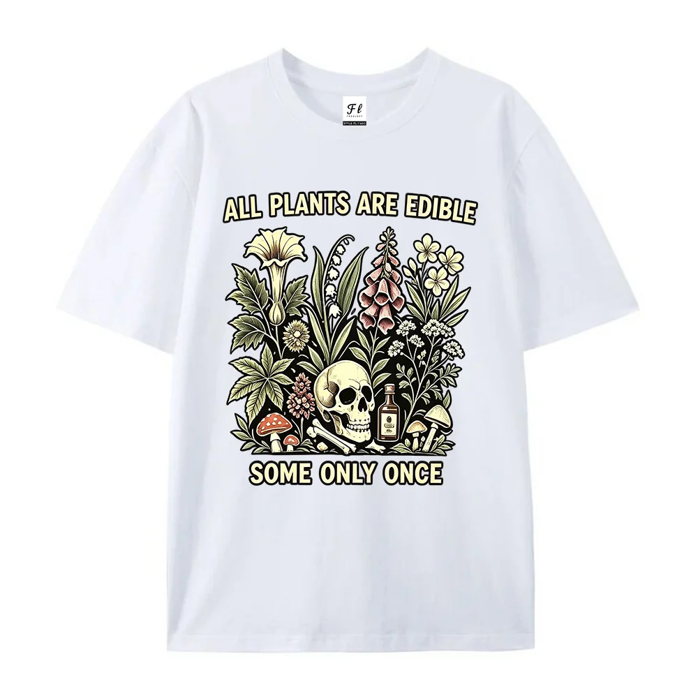 Vintage Botanical Skull Graphic Shirt Women All Plants Are Edible Some Only Once Funny Tee Casual Short Sleeve Unisex Tops