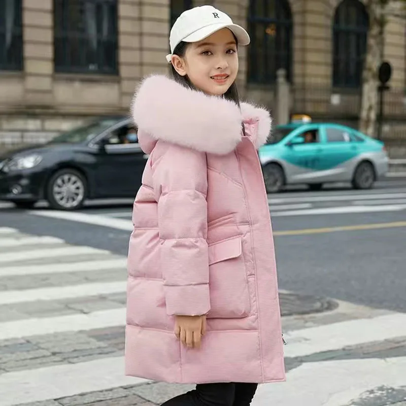 2023 Korean Style Girl Winter Down Jacket Cartoon Bear Thicken Warm Long Girl Outerwear Coat 5-14 Year Teenage Girl Parka Outfit