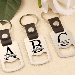Personalized Laser Engraved Initials And Name Bottle Opener Key Chain Steel PU Leather Keychain Customized Groomsman Father Gift