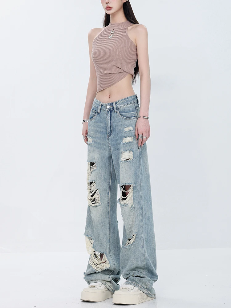 

ABWEAR, новые летние американские уличные синие свободные прямые джинсы с завышенной талией, женские широкие брюки, джинсовые брюки с высокой талией и высокой талией