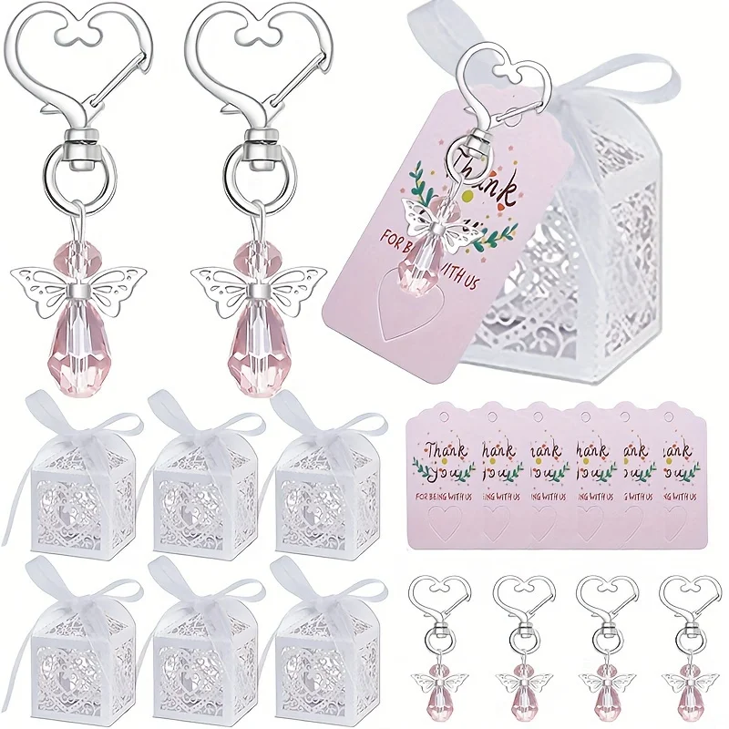 Juego de llaveros de corazón de 12 piezas con cajas de regalo y tarjetas - Diseño de ángel guardián para boda, fiesta, cumpleaños, aniversario, comunión, Baptis