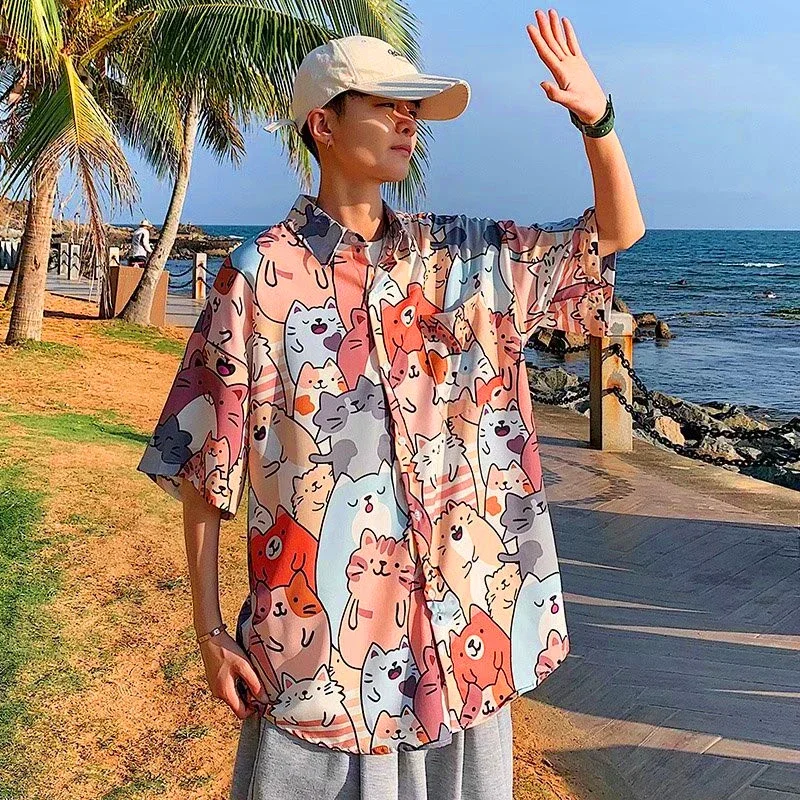 Camisa con estampado de gato de dibujos animados para hombres y mujeres, blusa con botones, ropa de playa hawaiana, ropa japonesa Harajuku coreana,