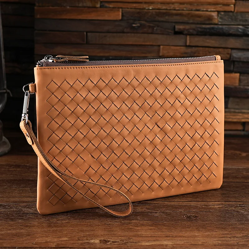 

Genuine Leather Men Clutch Bag Woven Design Long Wallet Male Purse Zipper Handbag Travel Bag