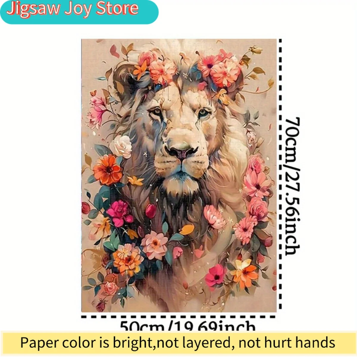 Floral Lion Watercolor Puzzle - Large 1000pcs Jigsaw with Floral Crown, Vibrant Pink, Orange, Red, Green, Yellow, White, Brown