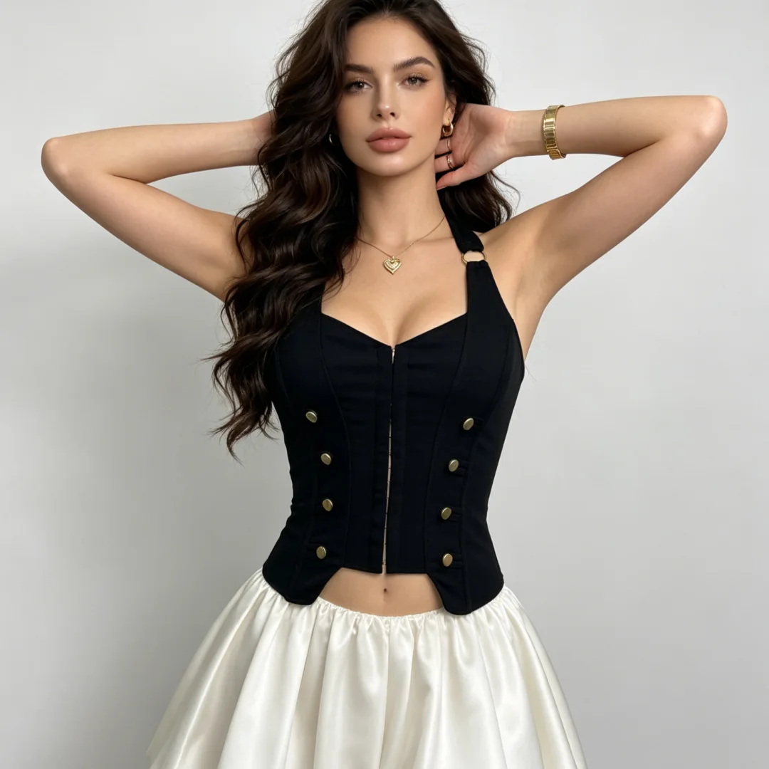 Cross-Border Fishbone Strap Front Button Hanging Neck Beautiful Back Shoulder Exposure Waist Slimming Sexy Girl Inner Wear Ou...