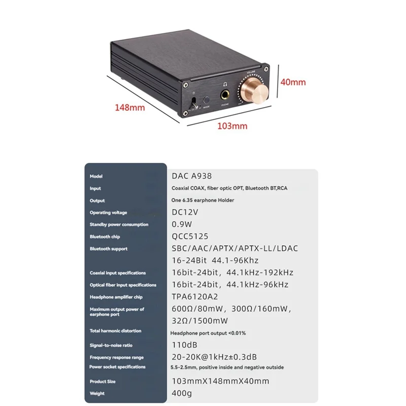 VVNB-DAC A938 Bluetooth デコーダ Hifi デコーダ アンプ オーディオ ヘッドフォン アンプ デコーダ Hifi ホーム ステレオ スピーカー レシーバー
