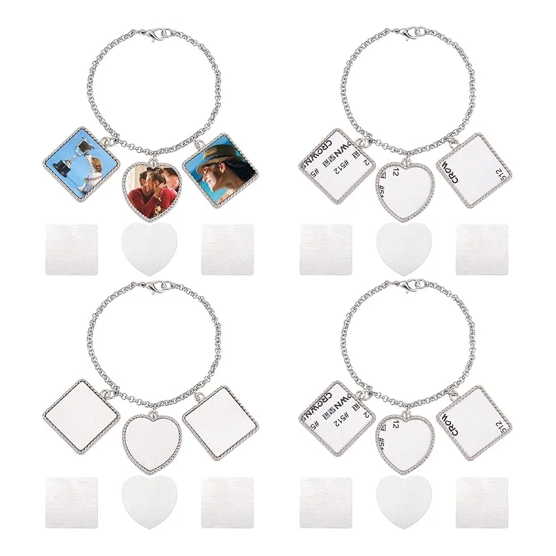 10pcs Sublimation Bracelets Tray Heart Photo Square Bezel Craft Heat Transfer Print Blank Bracelet For Mother's Day's Gift