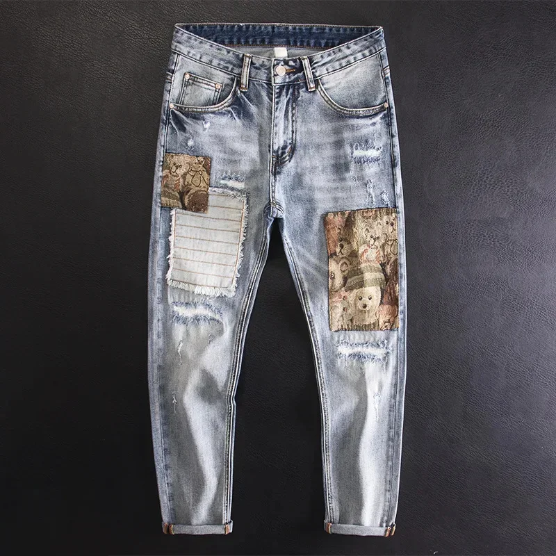 

Ripped patch denim jeans for men, slim fit, elastic, fashionable, personalized, trendy, versatile high street pants