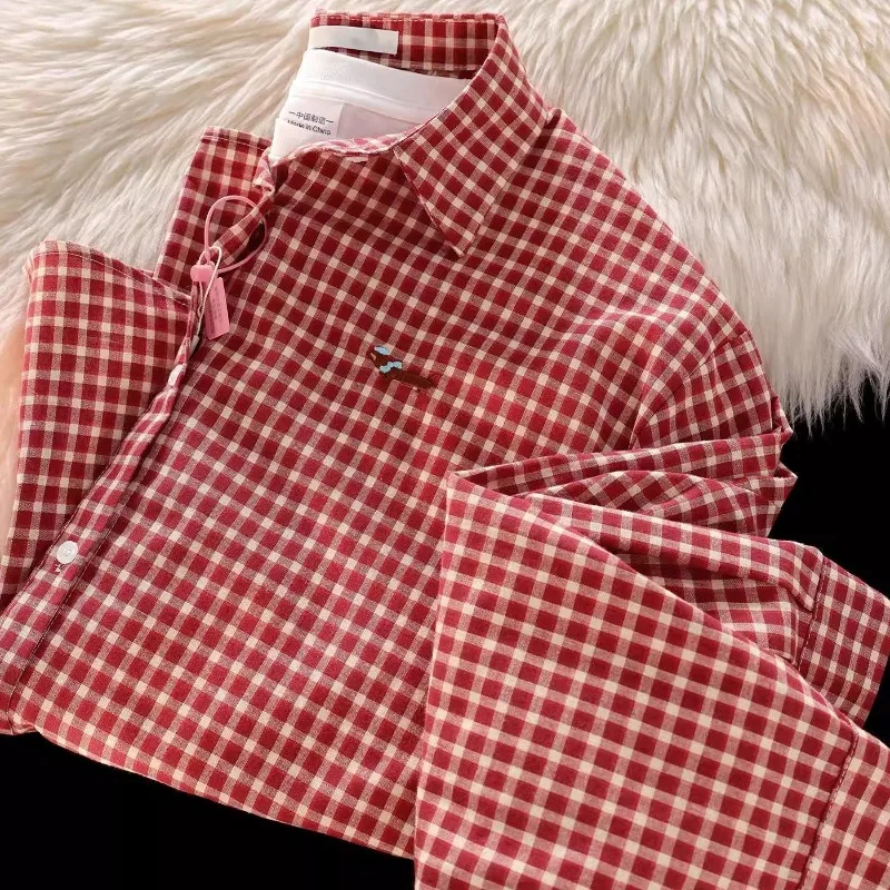 Deeptown Red Plaid Women Shirts Vintage Dog Embroidery Long Sleeve Korean Fashion Blouses Oversized Preppy Casual Basic Trendy