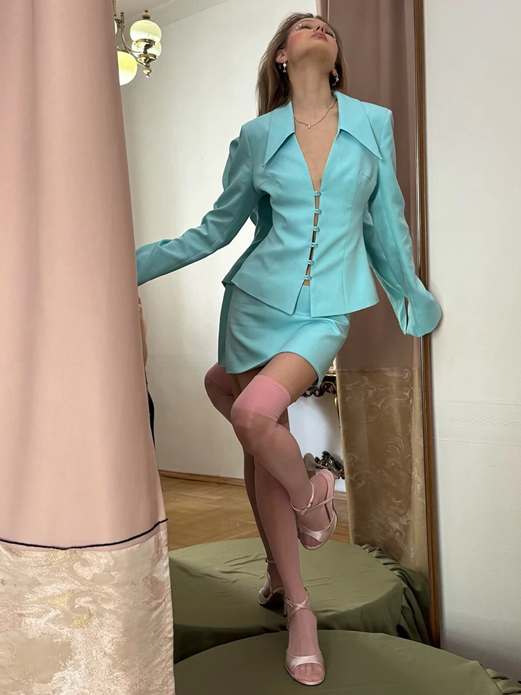 Weird Puss Elegantes 2-teiliges Set für Damen, trendige einreihige Jacke mit V-Ausschnitt + Mini-Rock mit Pfirsichhüft-Form, modische, schicke Party- und Streetwear-Anzüge – Detail 13