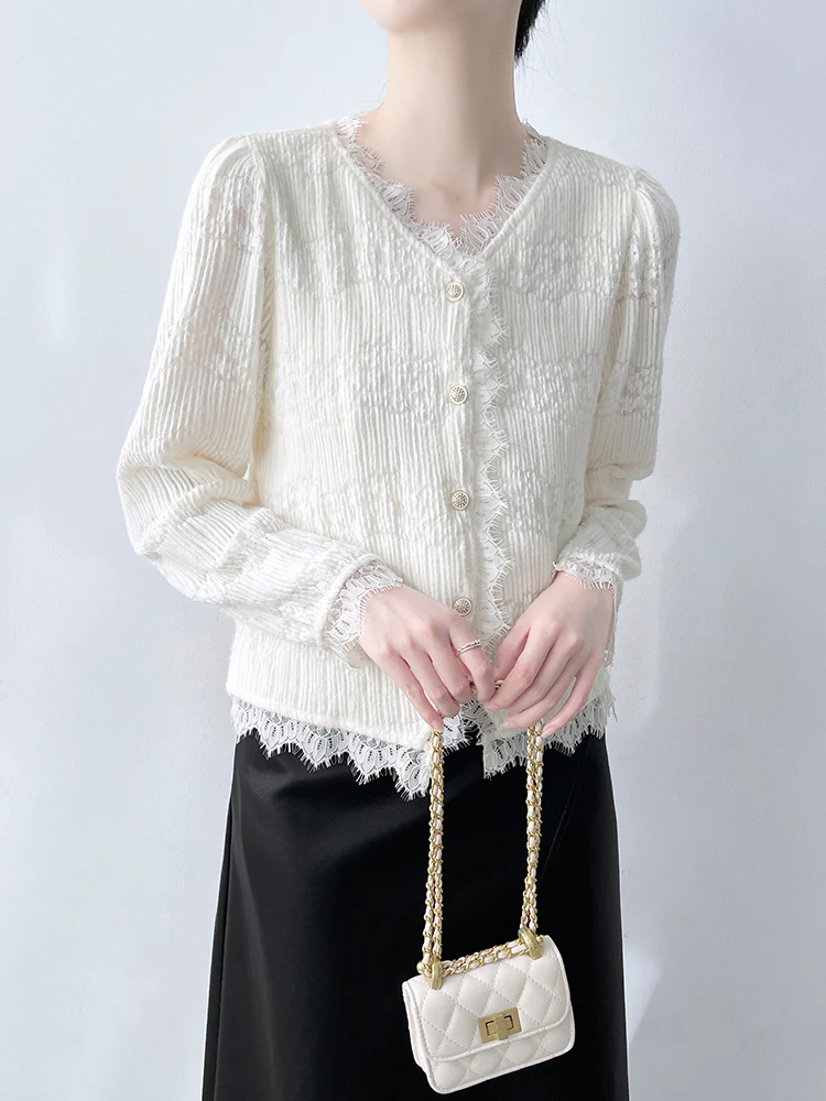 

Korean Sle Long Sve V-Ne Fce Lined Lace Base irt Women's Spring Faion Casual Slim Fit Commute Sle Inner Wear