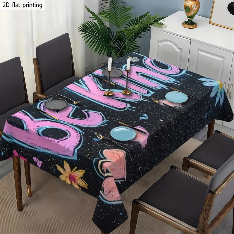 Vibrant Pink and Black Typography Tablecloth for Dining Room Party Decor Waterproof Spill Proof Table Cover