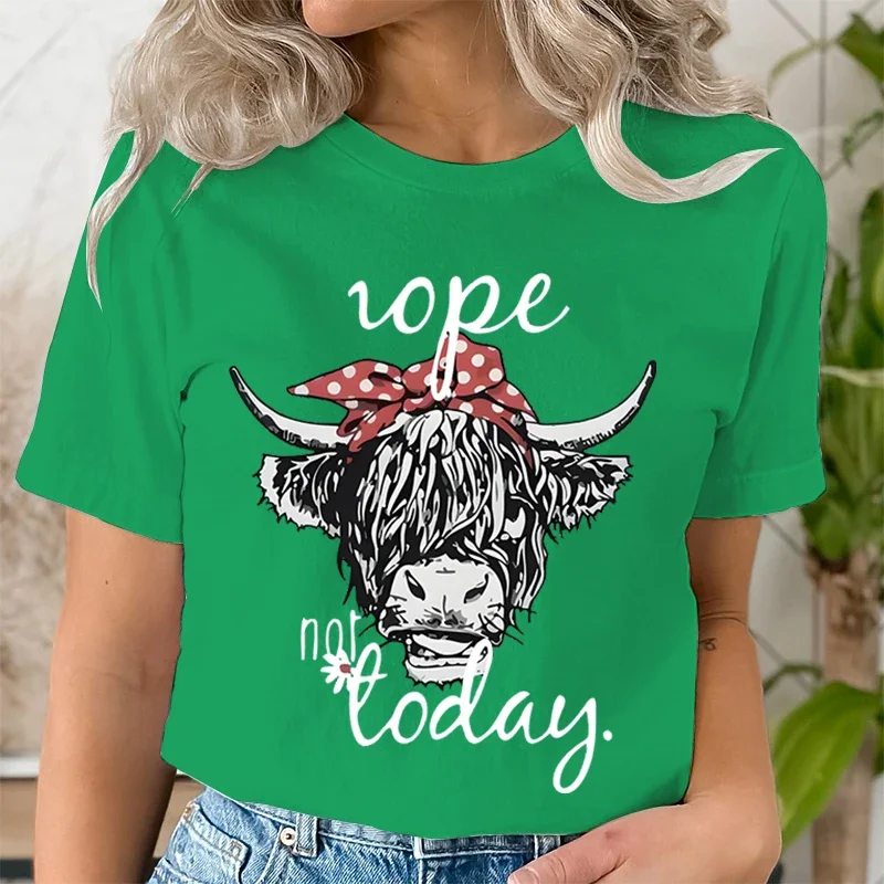 Women Funny T Shirts Cute Hairy Scottish Highland Cow T-Shirt Round Neck Casual Tops Women Cow Head & Letter Print Short T-shirt