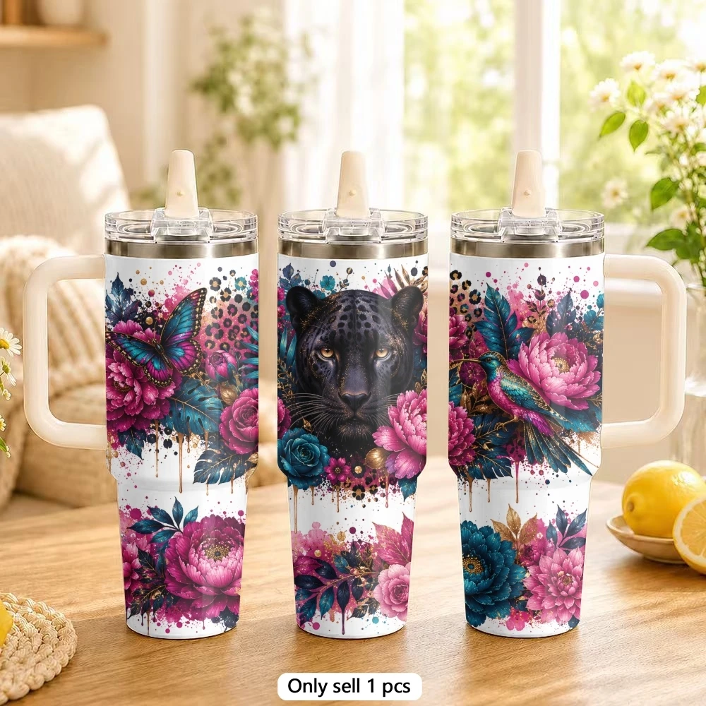 Floral Tiger Vacuum Flasks 40oz Stainless Steel Thermal Tumbler with Handle & Straw Leakproof Car Vacuum Travel Mug