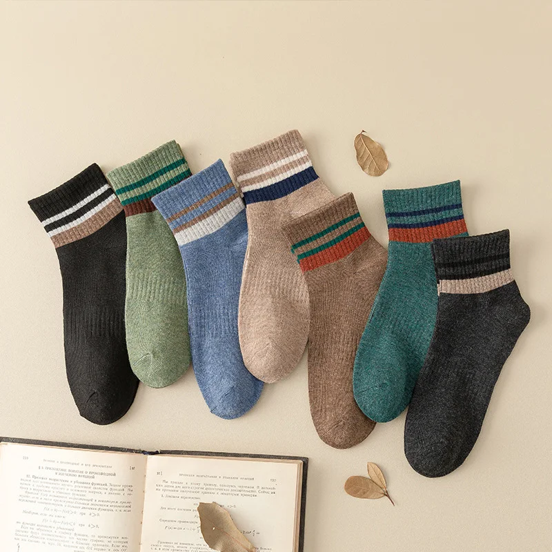 5 Pairs High Quality Men Autumn Winter Thermal Socks Cotton Fashion Thickened Casual Sweat Absorption Stripe Pure Color Socks